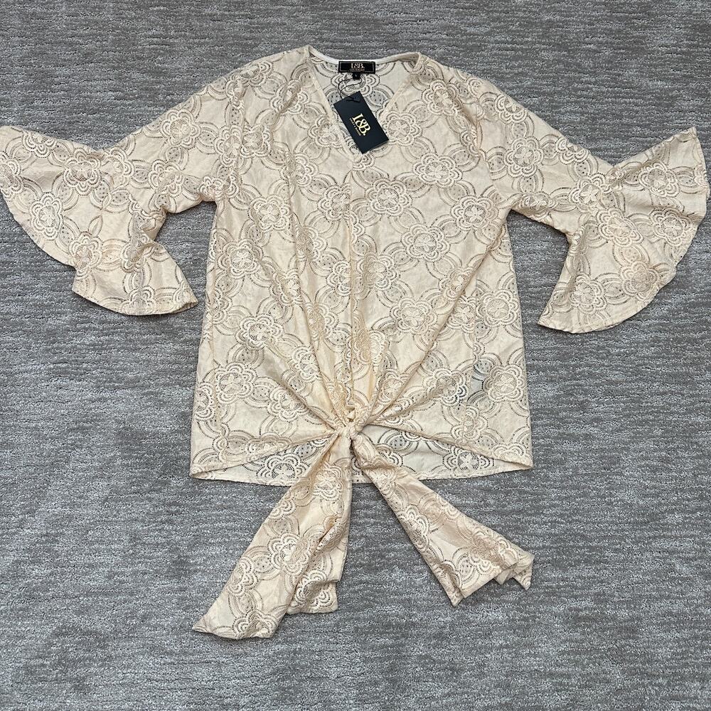 Lucky & Blessed Top Womens Large Beige Tan Lace Tie Western Boho Festival